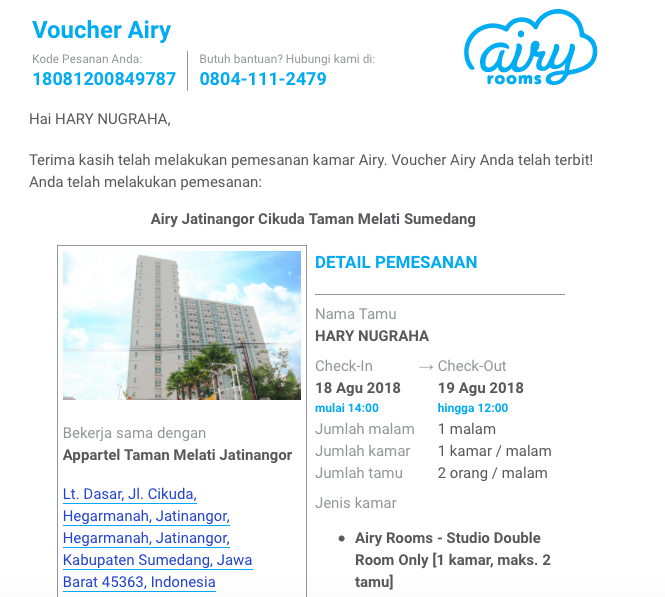 One Night Staycation via Airy Rooms di Appartel (Apartemen dan Hotel) TAMAN MELATI Jatinangor